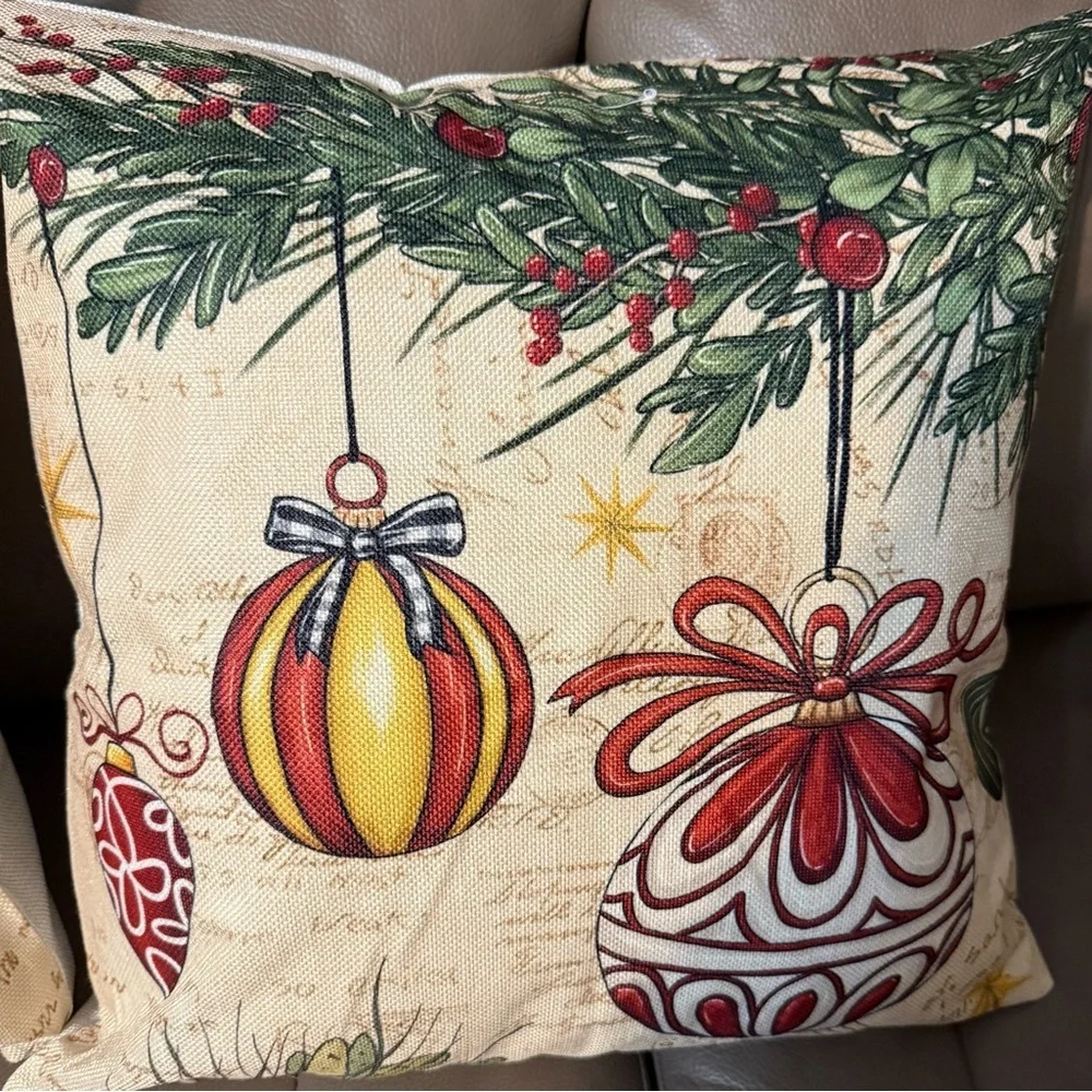 Two Festive Holiday Pillows with Christmas Tree and Ornament Design